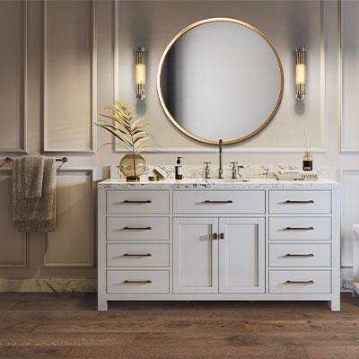hardwood flooring in bathroom with gold hardware