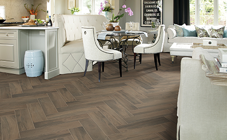 herringbone wood look tile in living room